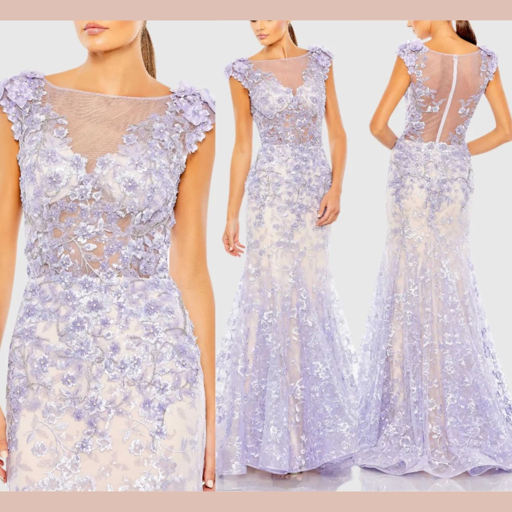 NWT Mac Duggal [ 8 ] 79357 Embellish Cap Sleeve Illusion Neck Trumpet Gown S2028